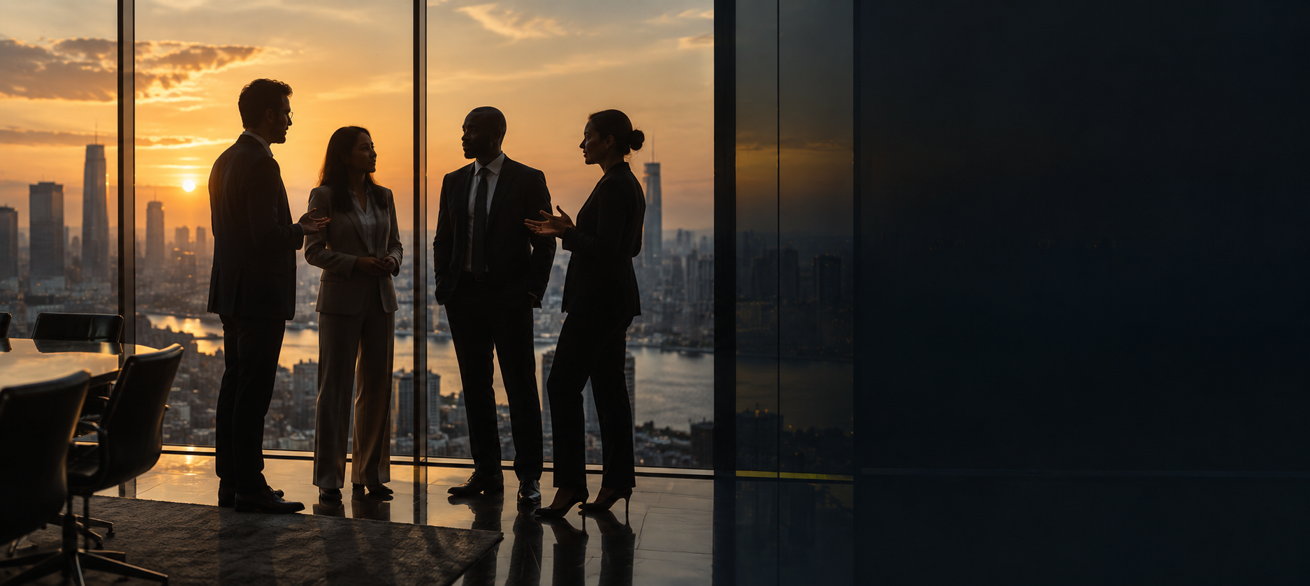 Profissionais reunidos em ambiente corporativo ao entardecer